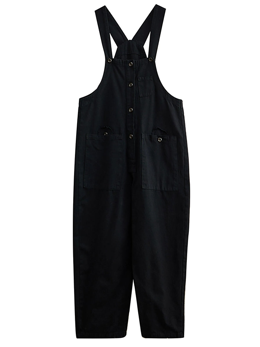 Women Summer Retro Pure Color Cotton Jumpsuits