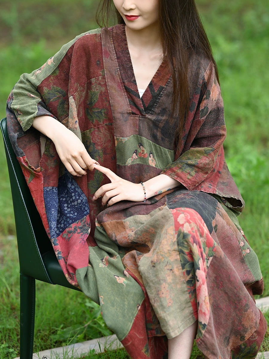 Women Summer Ethnic Flower Patch V-Neck 100%Linen Dress