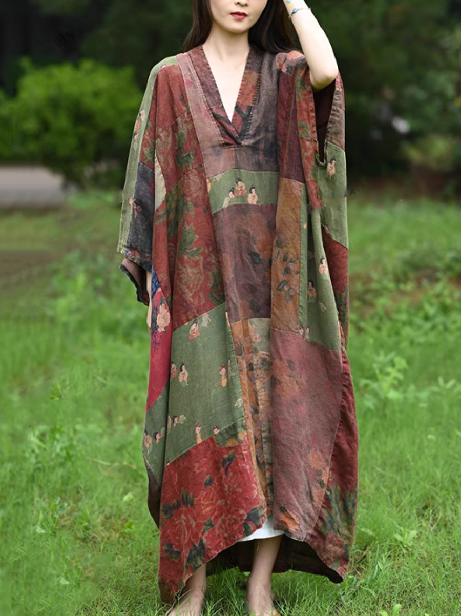 Women Summer Ethnic Flower Patch V-Neck 100%Linen Dress