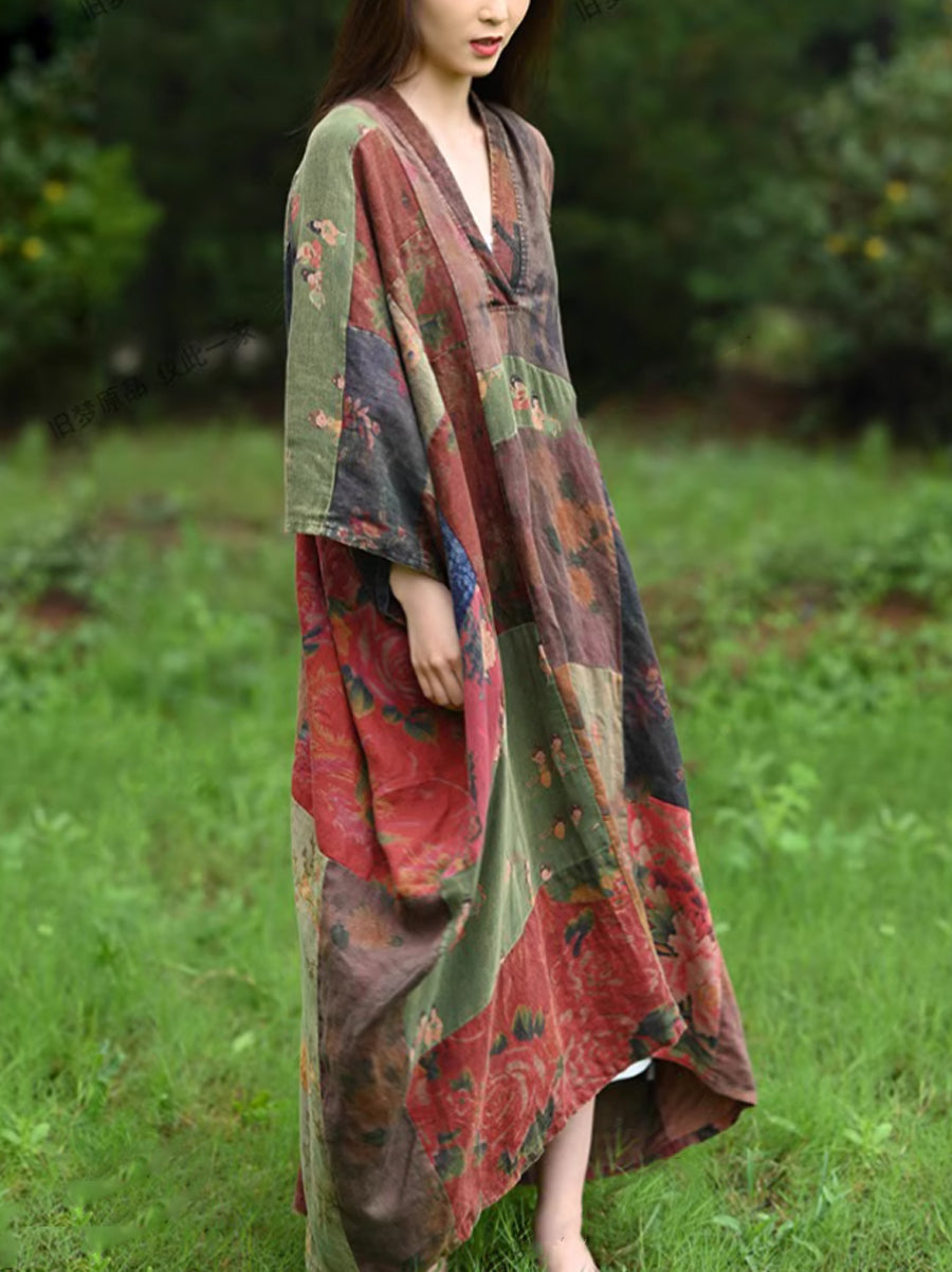 Women Summer Ethnic Flower Patch V-Neck 100%Linen Dress