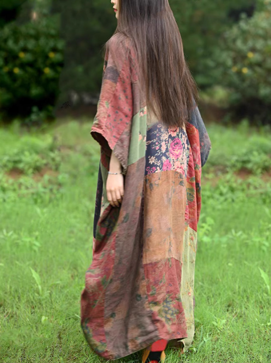 Women Summer Ethnic Flower Patch V-Neck 100%Linen Dress