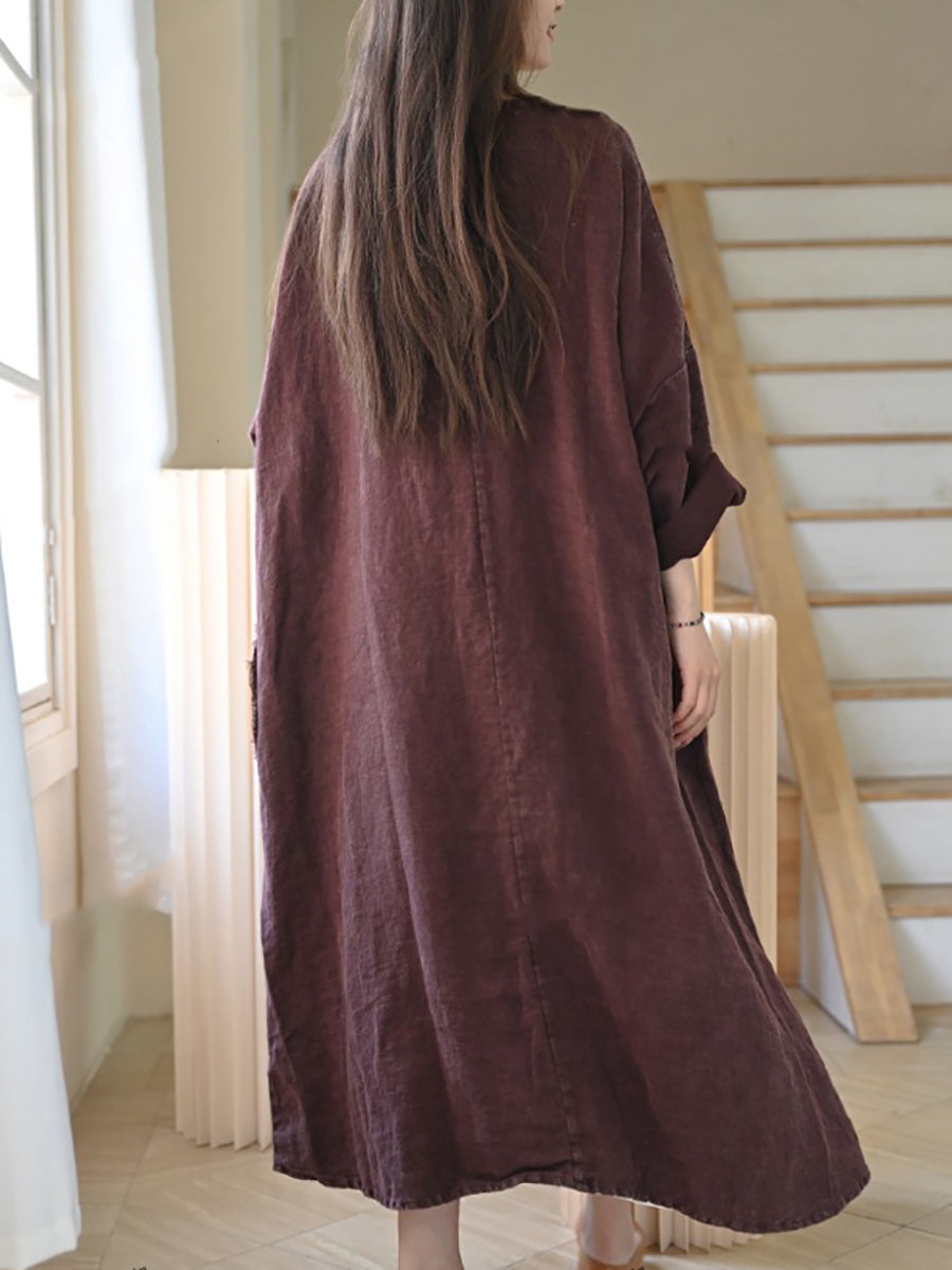 Women Summer Vintage Patch V-Neck 100%Linen Dress