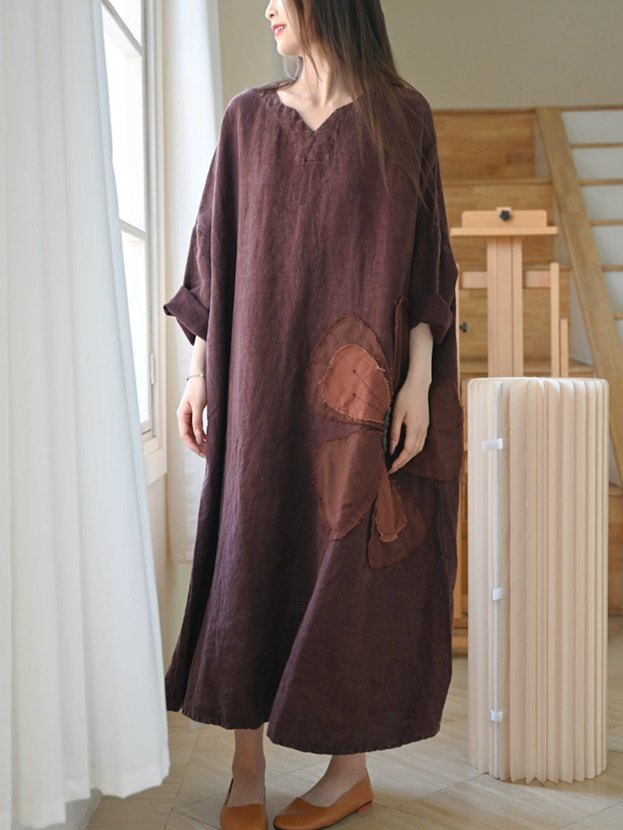 Women Summer Vintage Patch V-Neck 100%Linen Dress