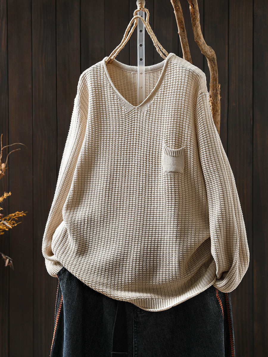 Women Autumn Artsy Pure Color Knitted V-Neck Sweater