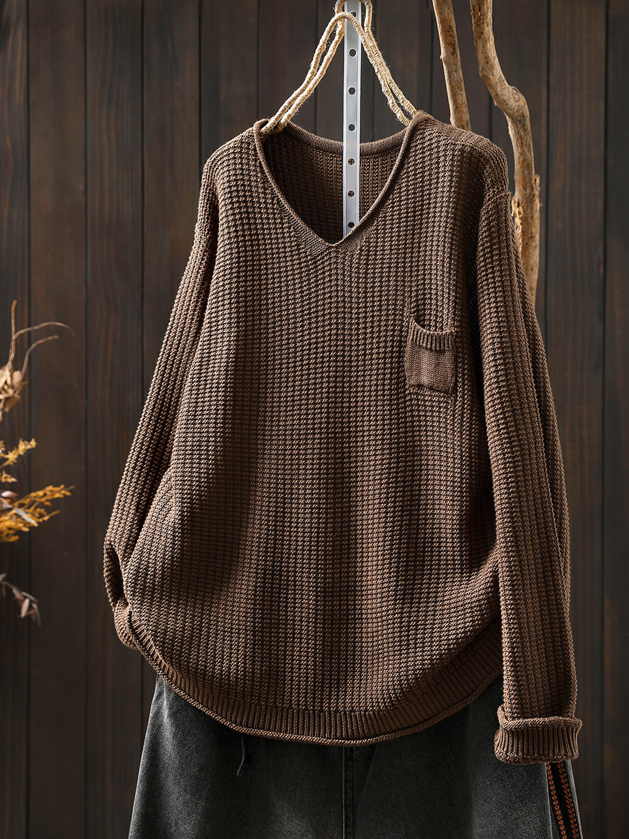 Women Autumn Artsy Pure Color Knitted V-Neck Sweater