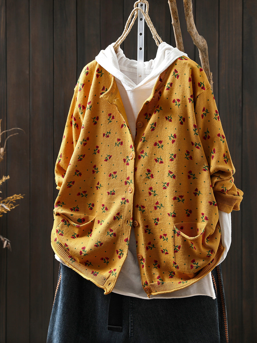 Women Autumn Artsy Floral Knitted O-Neck Sweater