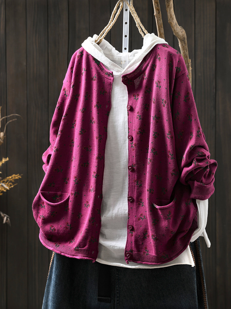 Women Autumn Artsy Floral Knitted O-Neck Sweater