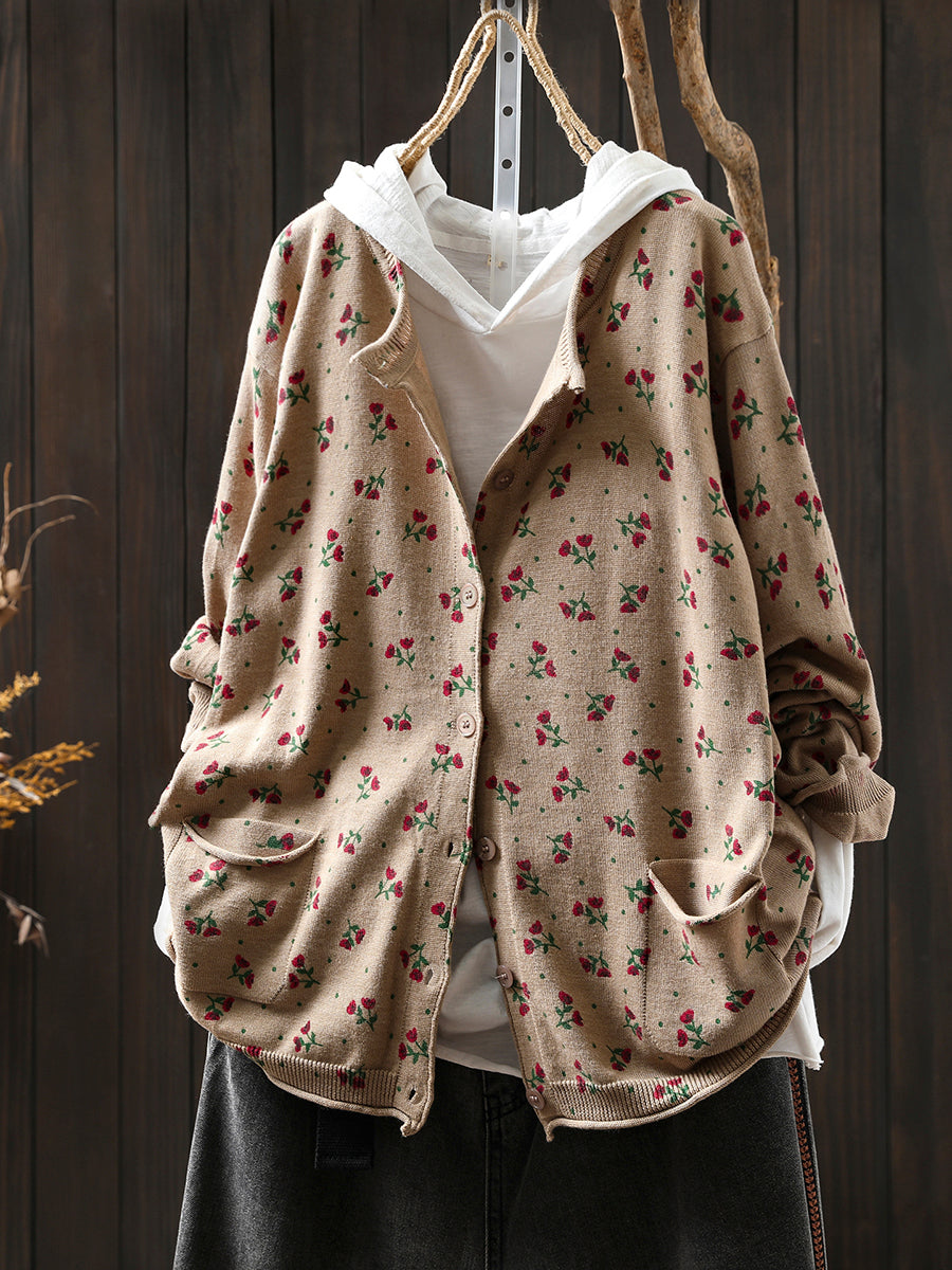 Women Autumn Artsy Floral Knitted O-Neck Sweater