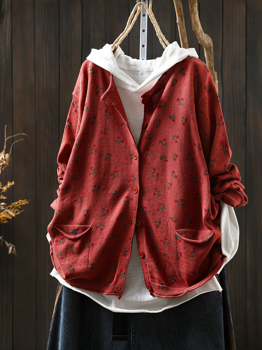 Women Autumn Artsy Floral Knitted O-Neck Sweater