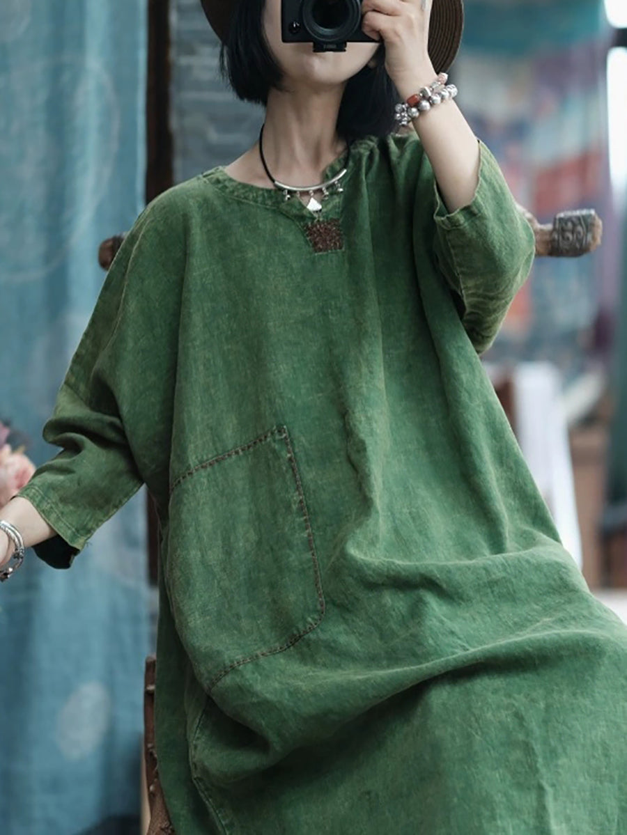 Women Vintage Pure Color V-Neck 100%Linen Dress