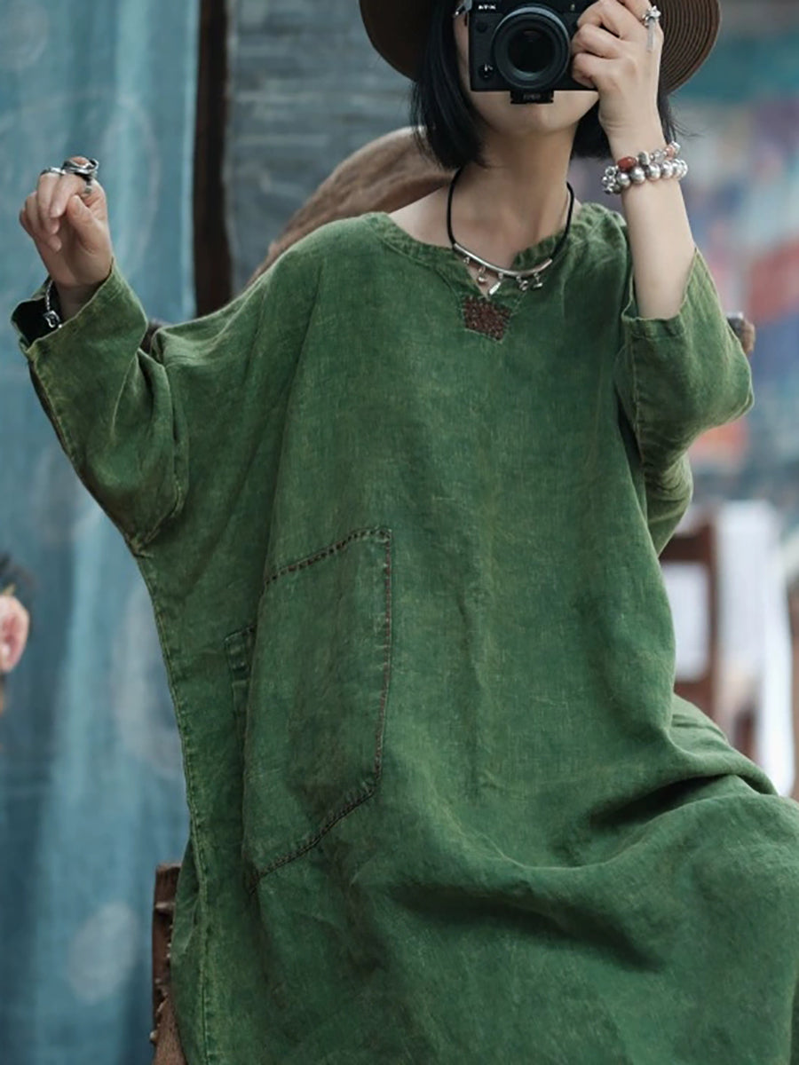 Women Vintage Pure Color V-Neck 100%Linen Dress