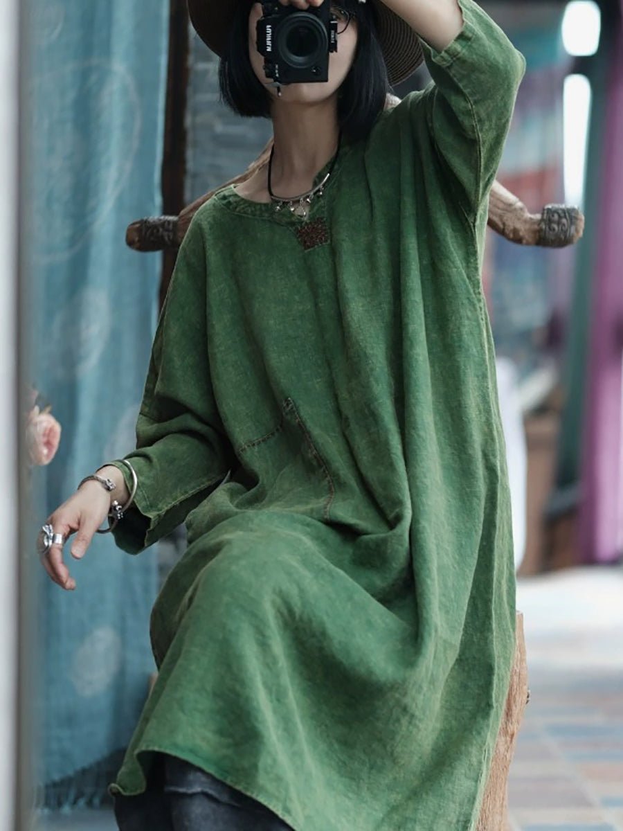 Women Vintage Pure Color V-Neck 100%Linen Dress