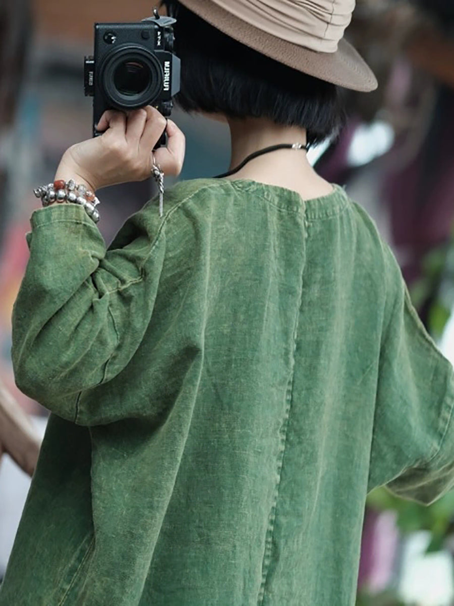 Women Vintage Pure Color V-Neck 100%Linen Dress