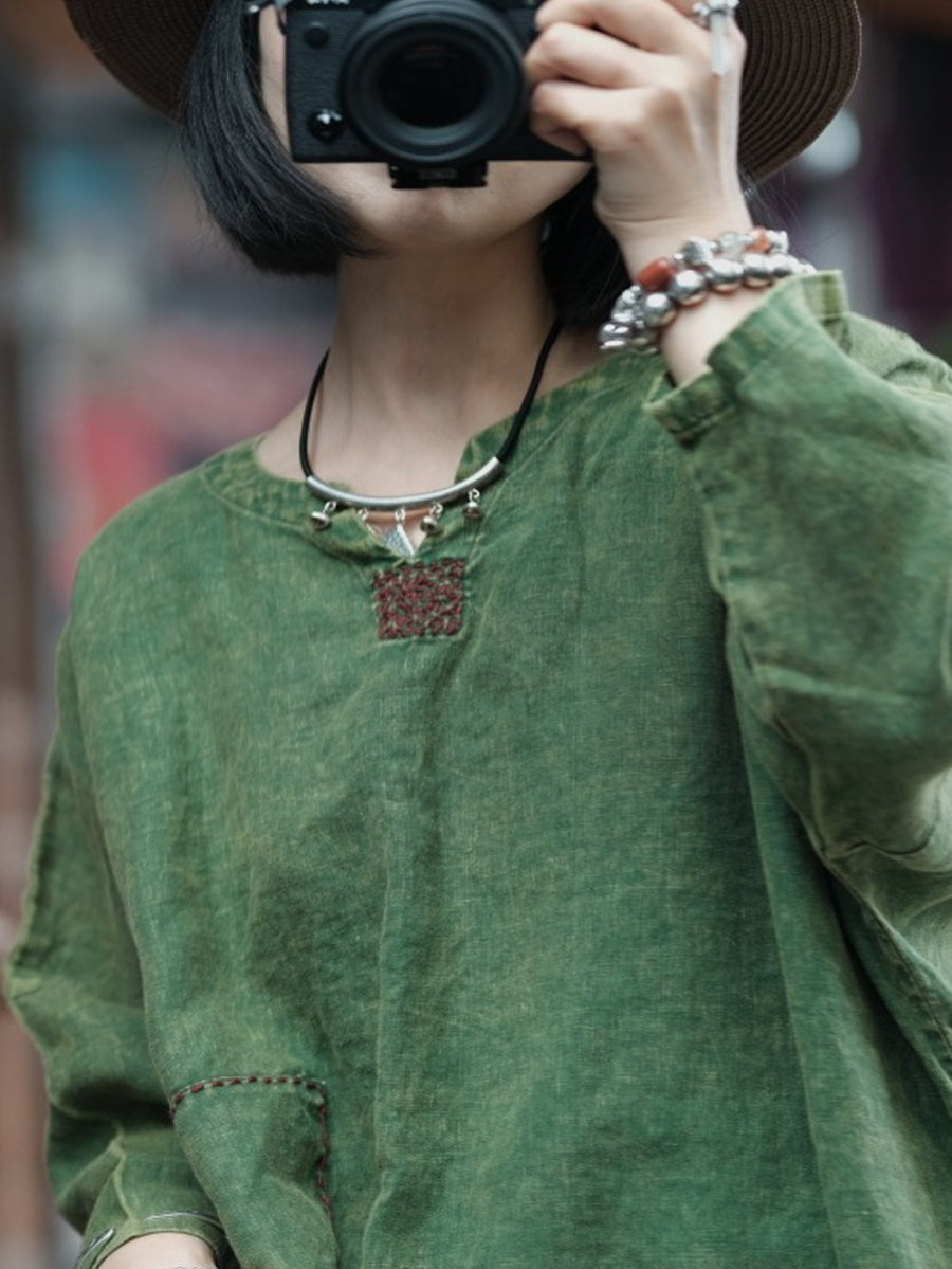 Women Vintage Pure Color V-Neck 100%Linen Dress