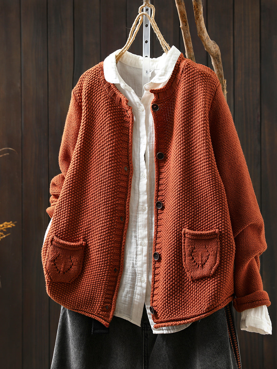 Women Autumn Artsy Pure Color Knitted O-Neck Sweater