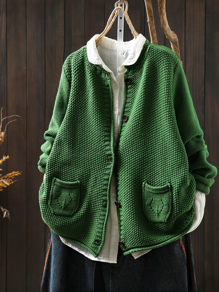 Women Autumn Artsy Pure Color Knitted O-Neck Sweater