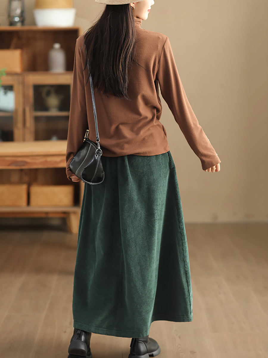 Plus Size Women Autumn Retro Strap Corduroy A-Shape Skirt