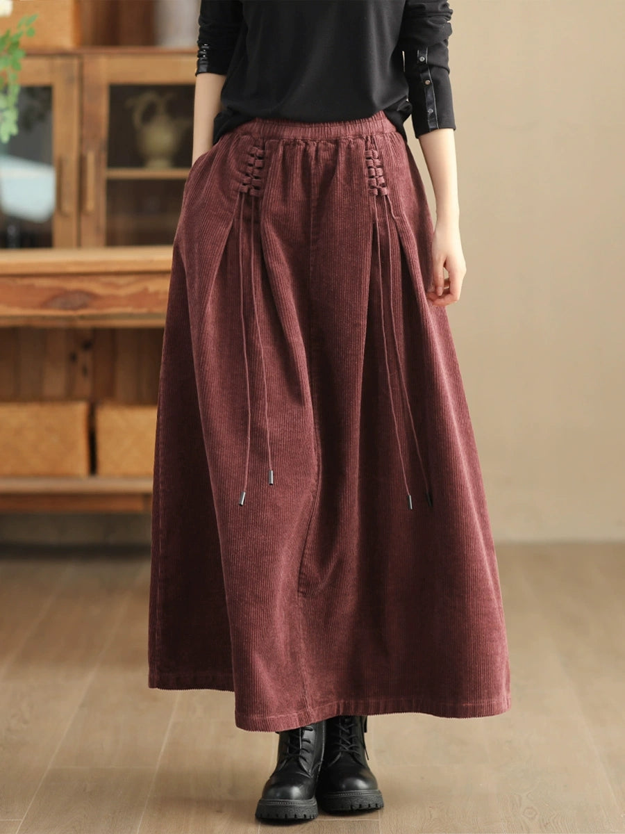 Plus Size Women Autumn Retro Strap Corduroy A-Shape Skirt