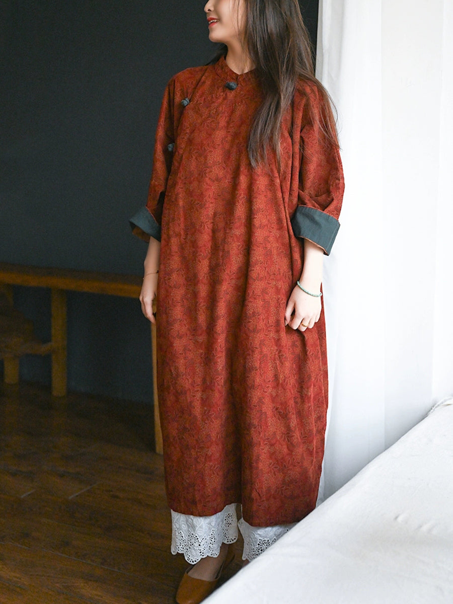 Women Autumn Ethnic Flower Stand Collar 100%Cotton Robe Dress