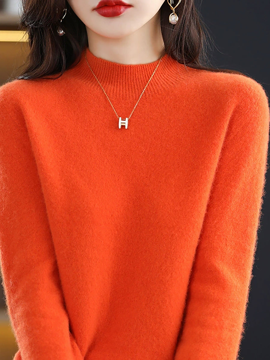 Women Autumn Casual Knitted Wool Half-Turtleneck Sweater