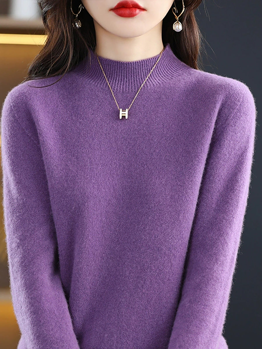 Women Autumn Casual Knitted Wool Half-Turtleneck Sweater