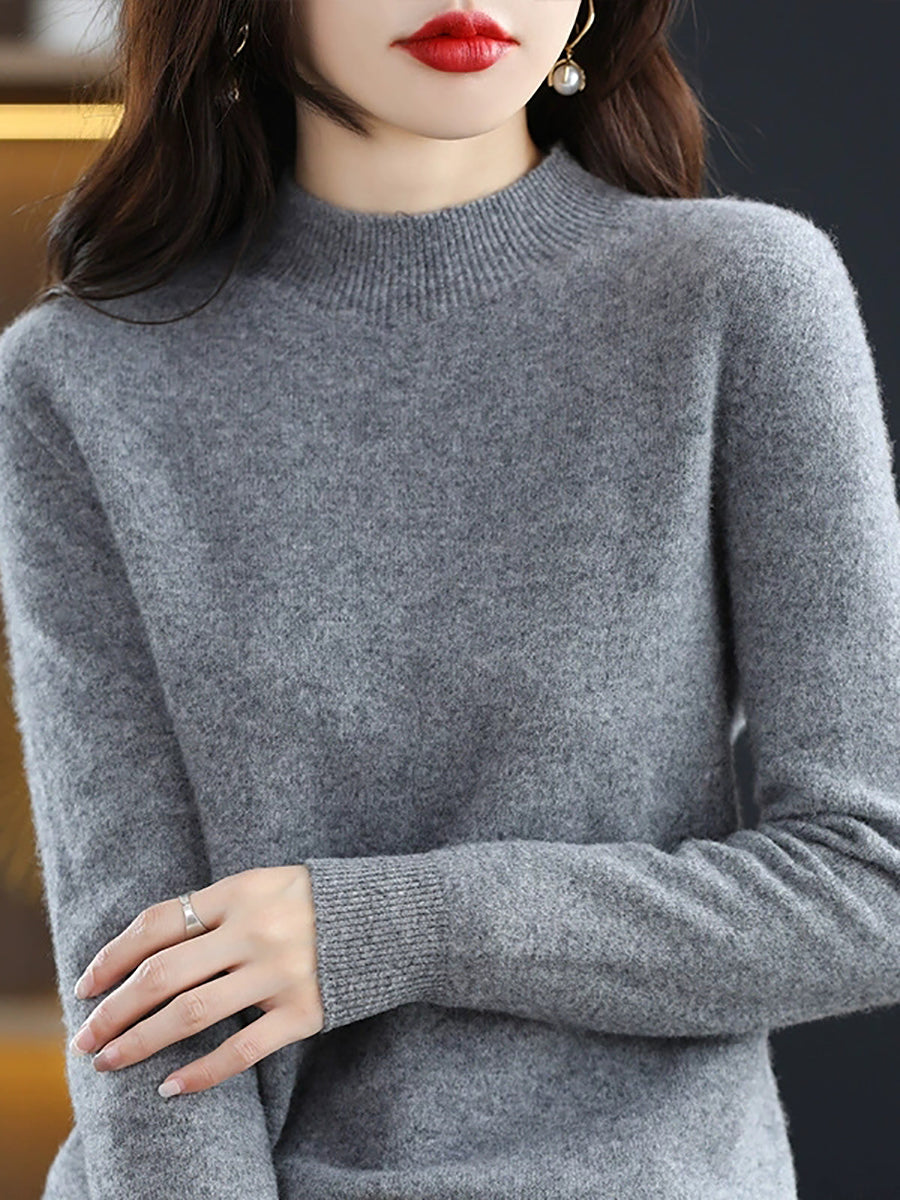 Women Autumn Casual Knitted Wool Half-Turtleneck Sweater