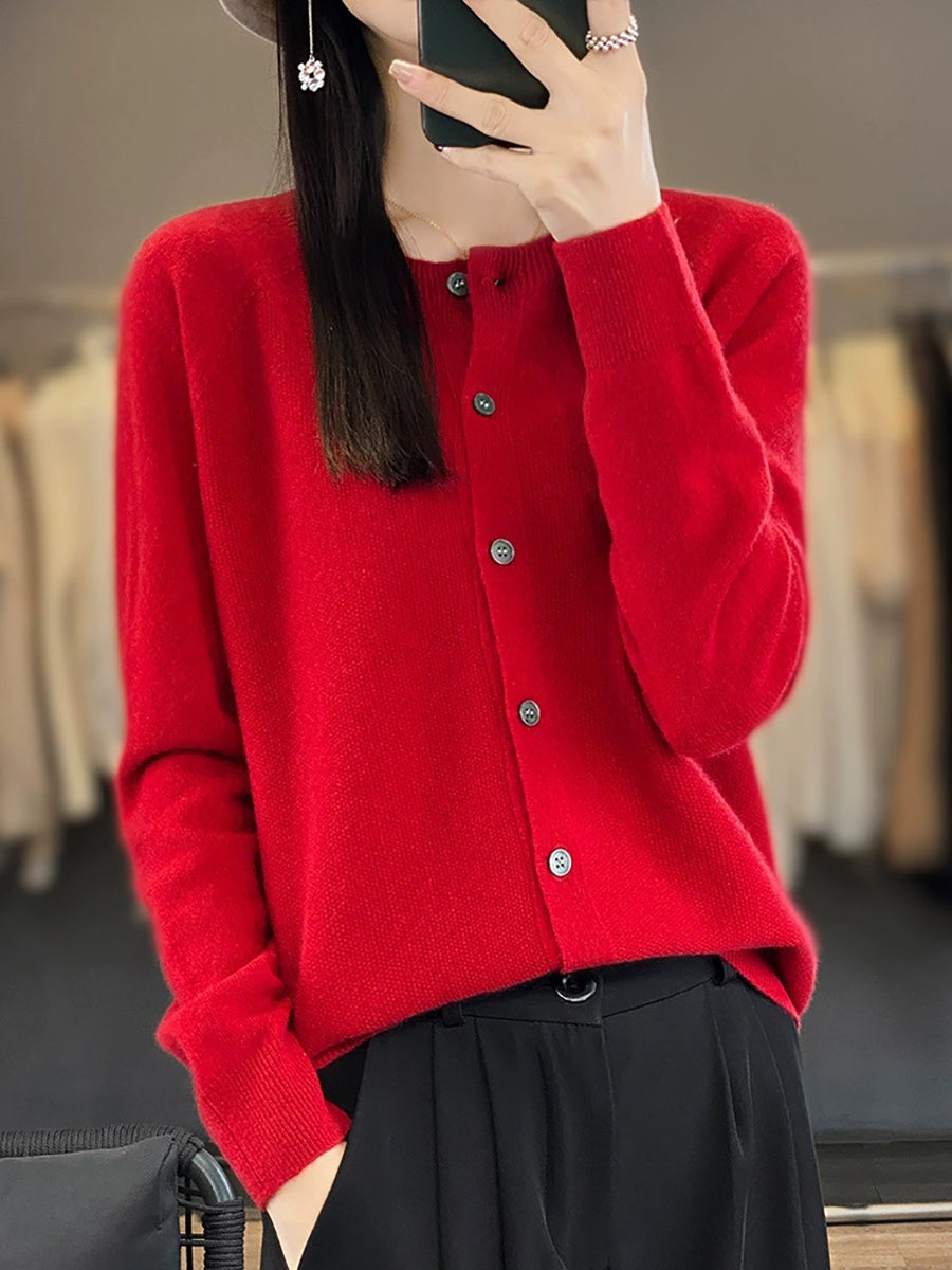 Women Autumn Casual O-Neck Knitted Wool Cardigan Sweater
