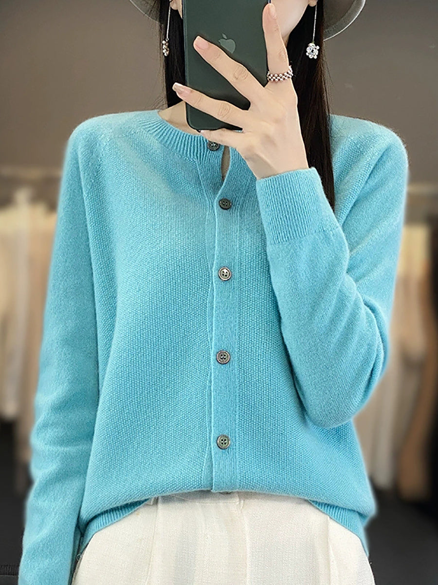 Women Autumn Casual O-Neck Knitted Wool Cardigan Sweater