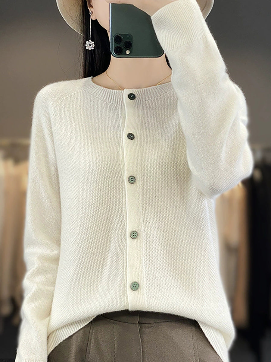 Women Autumn Casual O-Neck Knitted Wool Cardigan Sweater