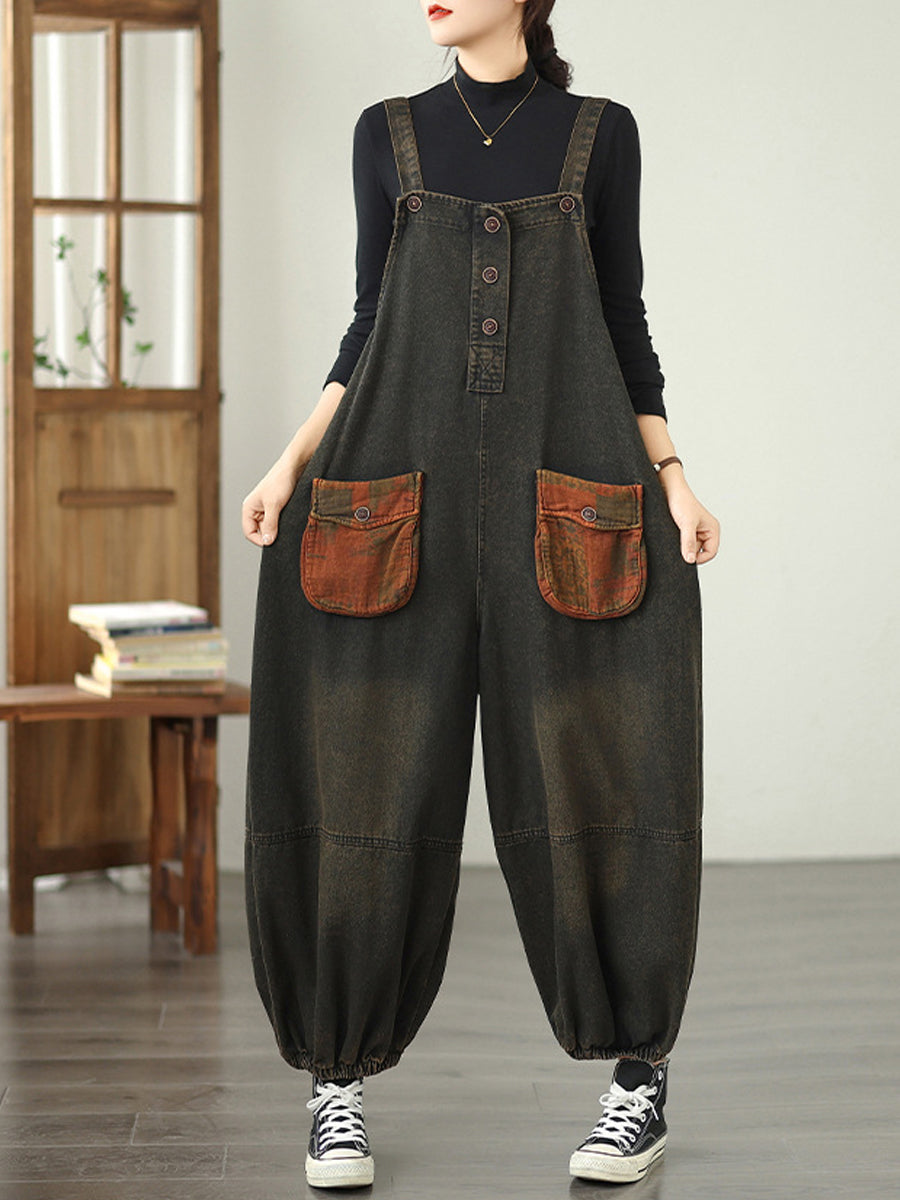 Women Autumn Retro Spliced Denim Jumpsuits