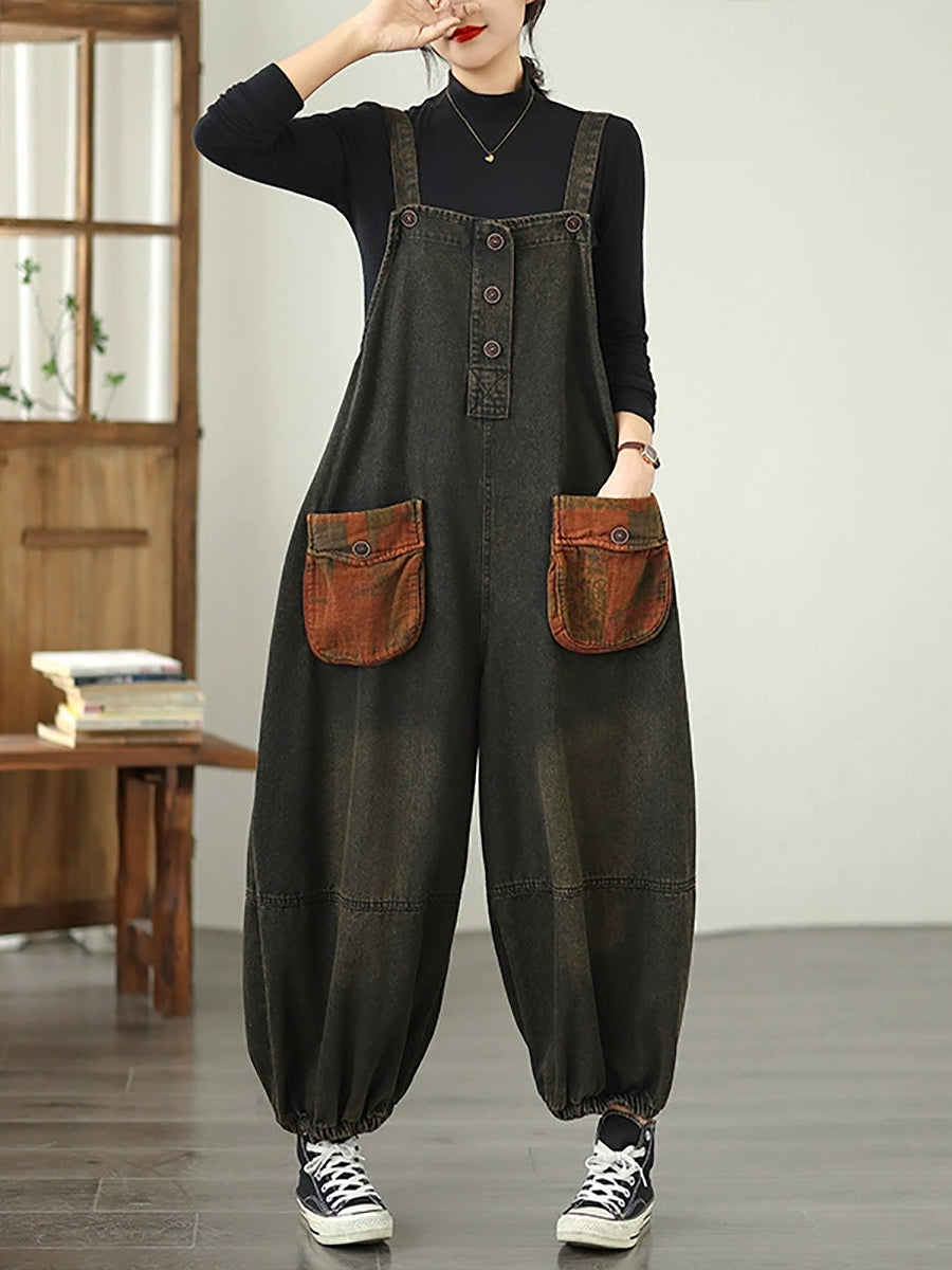Women Autumn Retro Spliced Denim Jumpsuits