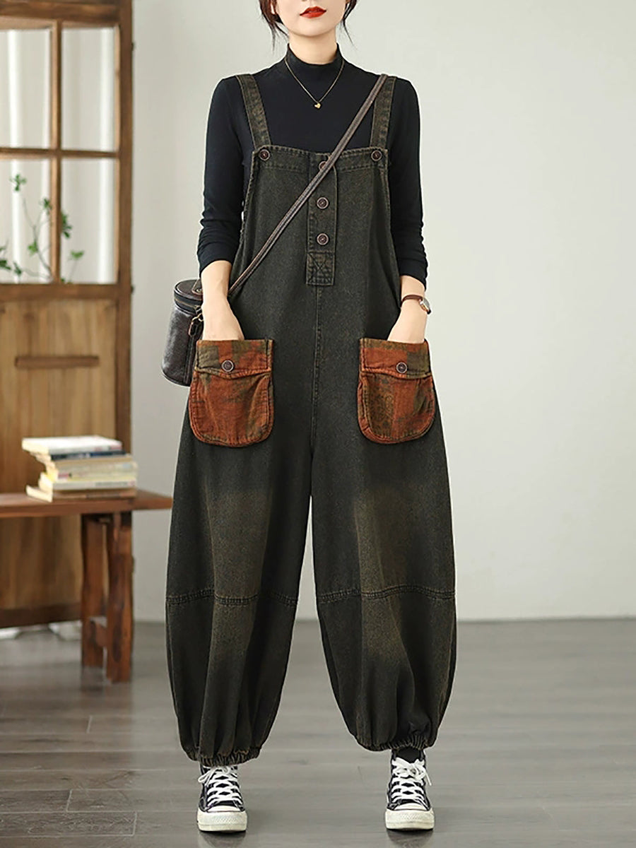 Women Autumn Retro Spliced Denim Jumpsuits