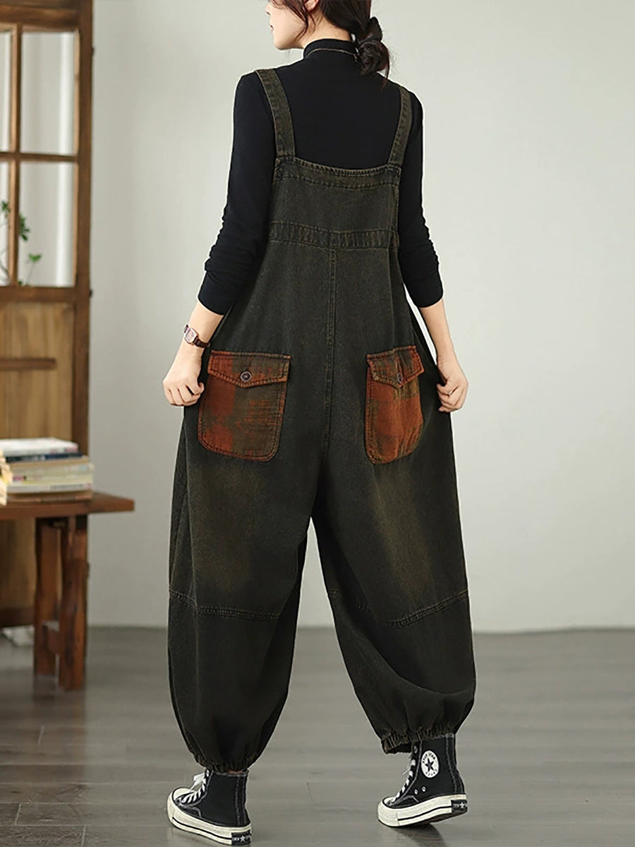 Women Autumn Retro Spliced Denim Jumpsuits