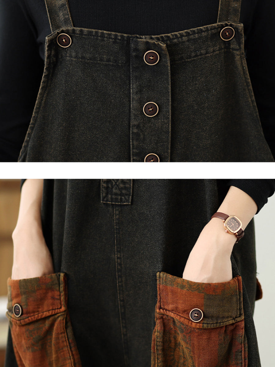 Women Autumn Retro Spliced Denim Jumpsuits