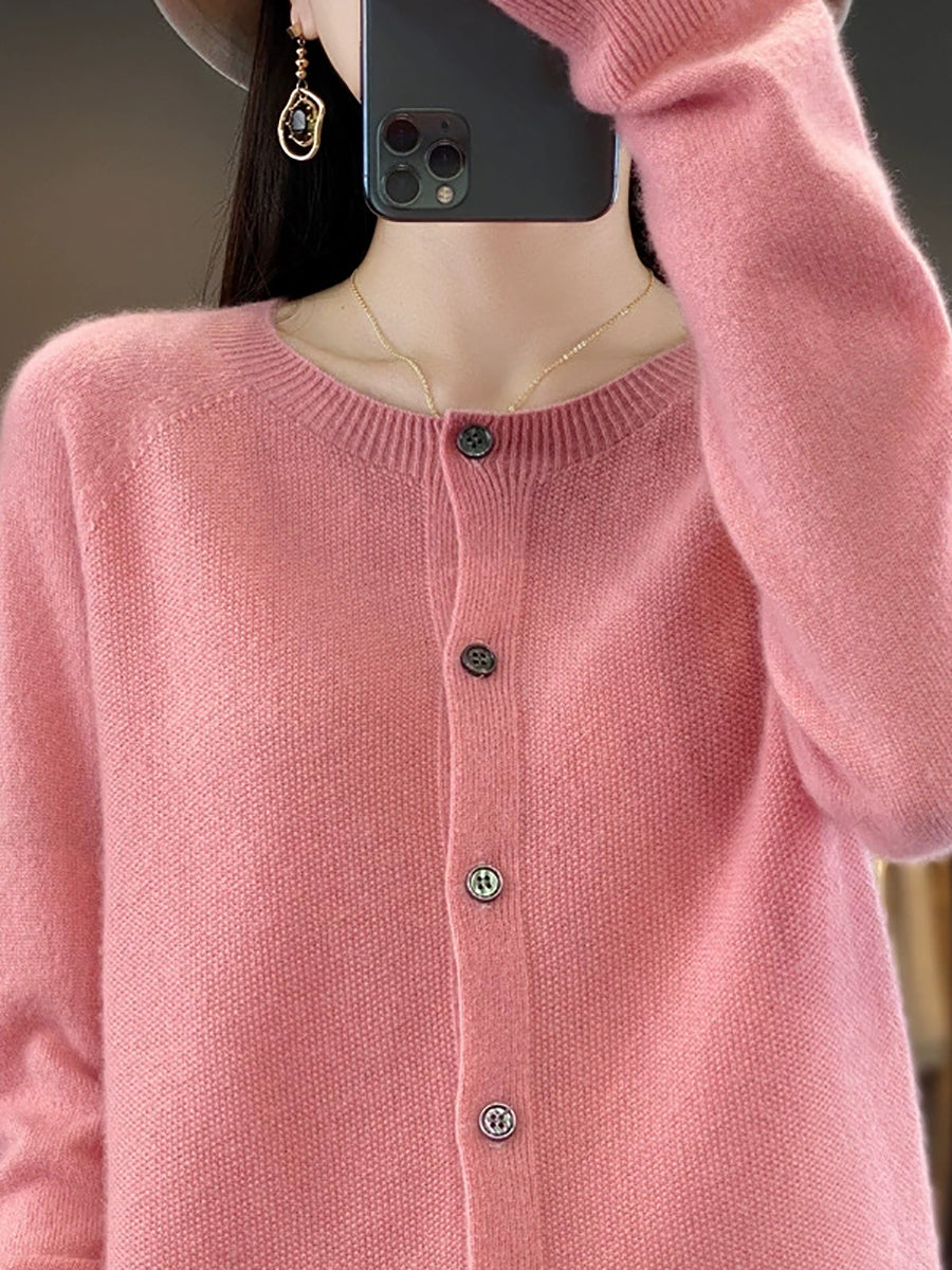 Women Autumn Casual Knitted Wool O-Neck Cardigan Sweater