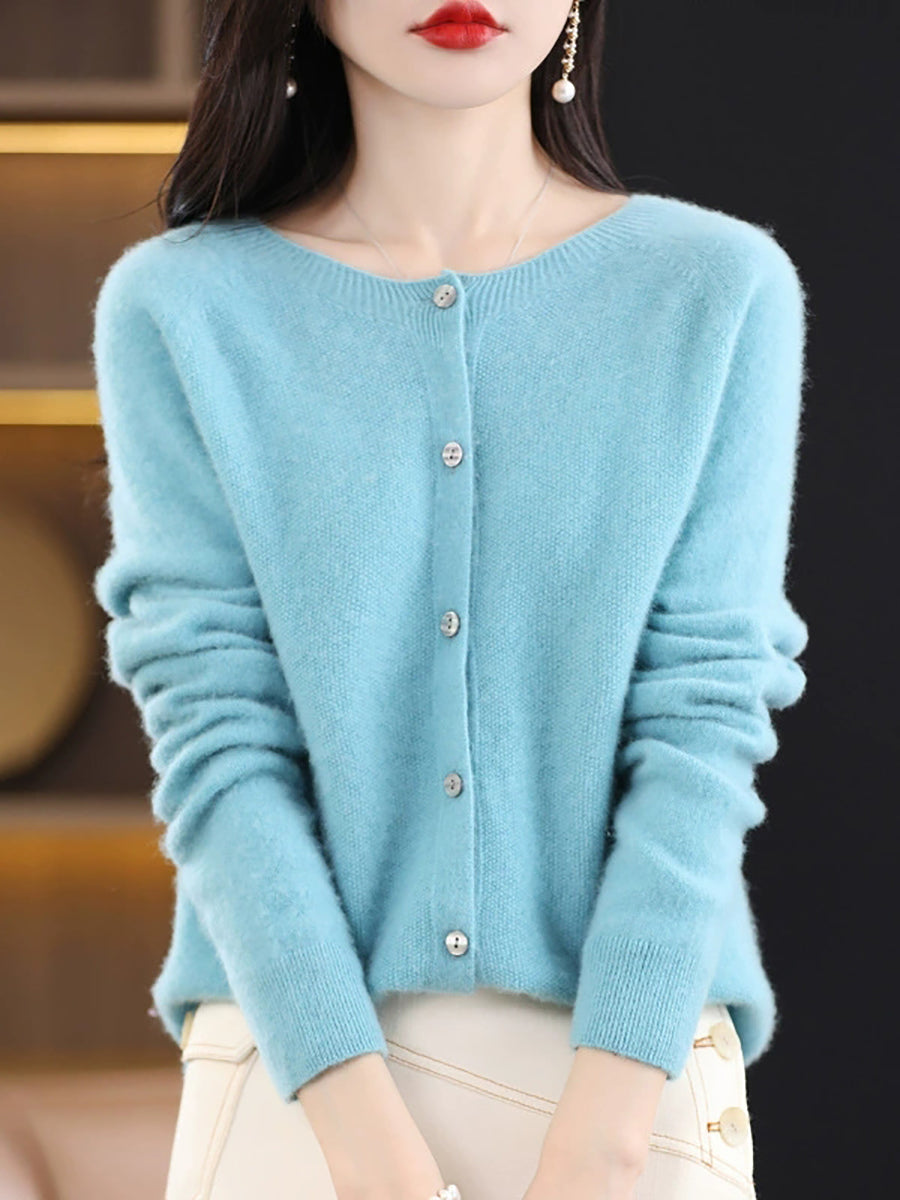 Women Autumn Casual Knitted Wool O-Neck Cardigan Sweater