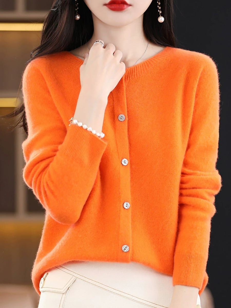 Women Autumn Casual Knitted Wool O-Neck Cardigan Sweater