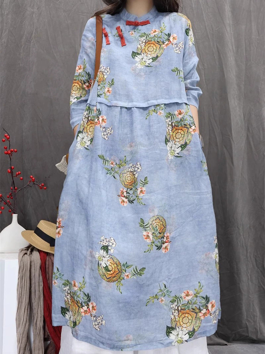 Women Autumn Ethnic Flower Stand Collar 100%Ramie Dress