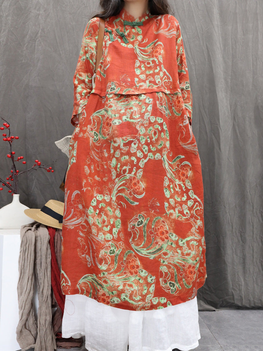 Women Autumn Ethnic Flower Stand Collar 100%Ramie Dress