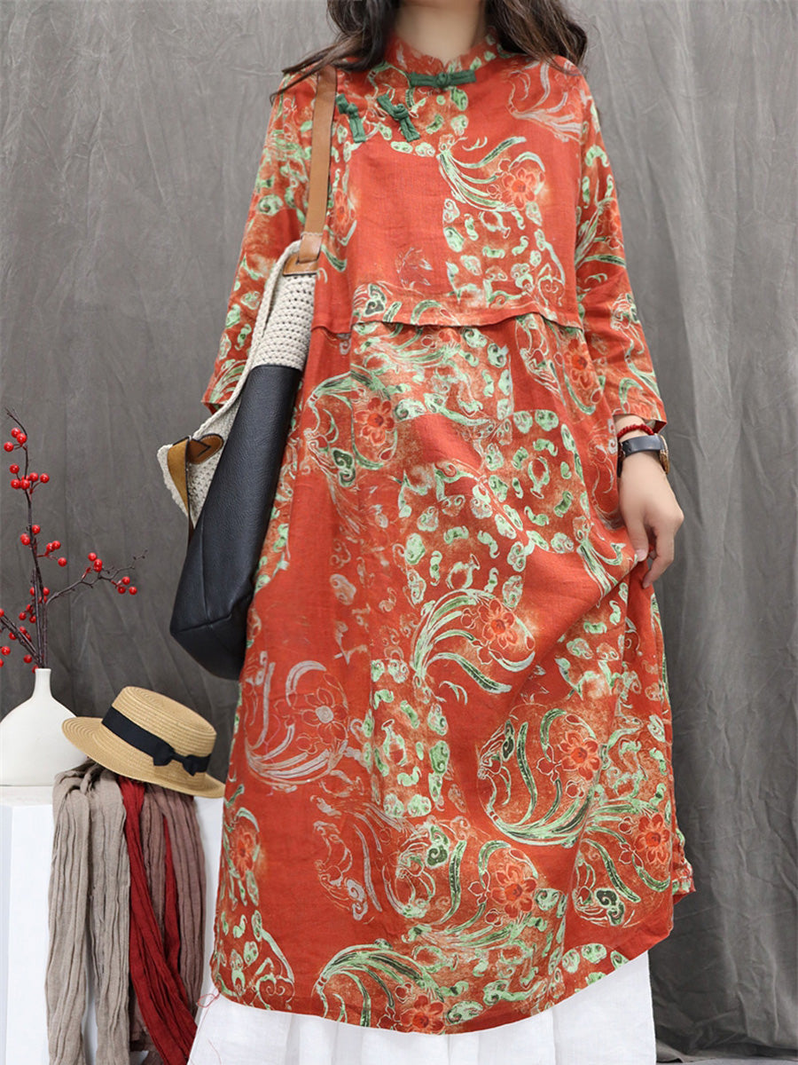 Women Autumn Ethnic Flower Stand Collar 100%Ramie Dress