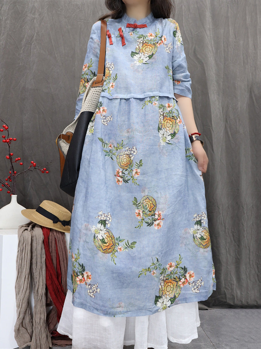 Women Autumn Ethnic Flower Stand Collar 100%Ramie Dress