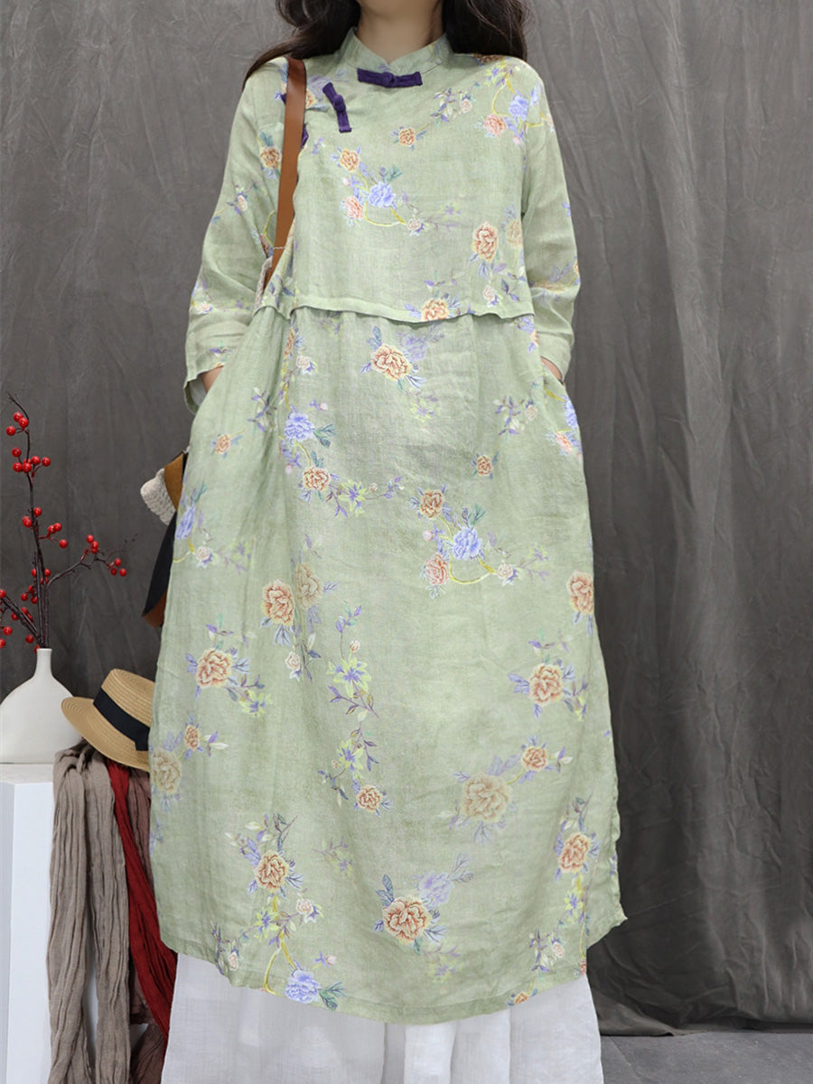 Women Autumn Ethnic Flower Stand Collar 100%Ramie Dress