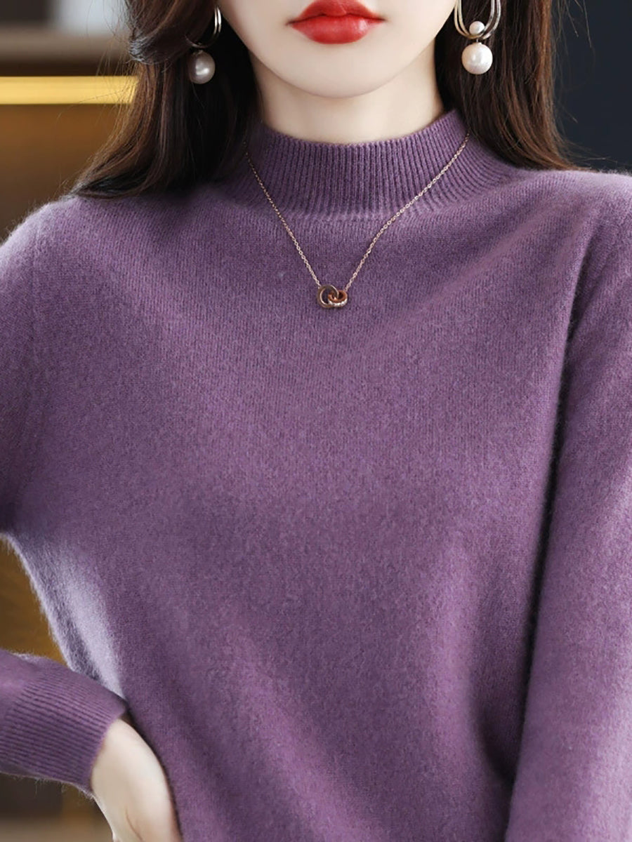 Women Autumn Casual Knitted Wool Half-Turtleneck Sweater