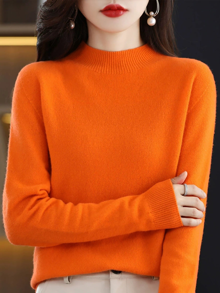 Women Autumn Casual Knitted Wool Half-Turtleneck Sweater