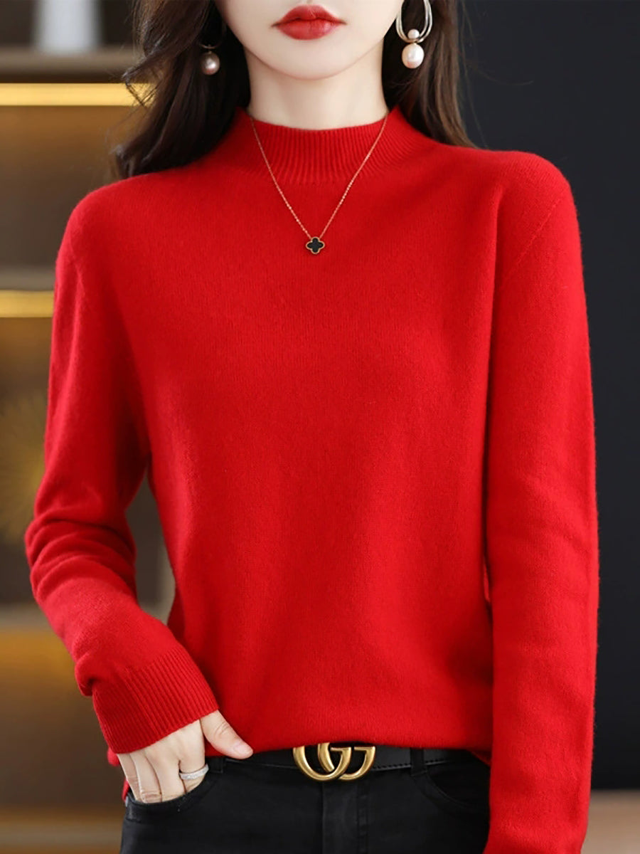 Women Autumn Casual Knitted Wool Half-Turtleneck Sweater