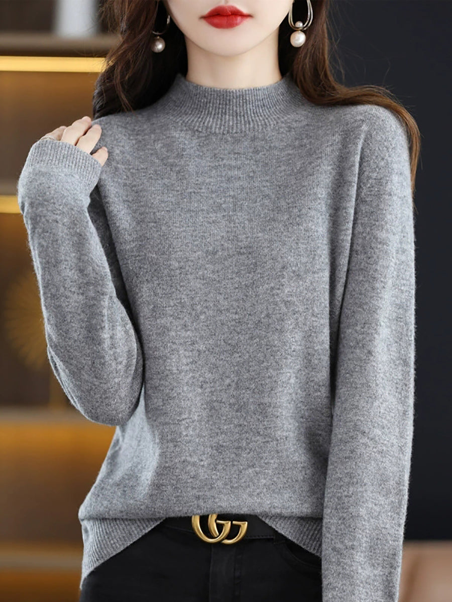 Women Autumn Casual Knitted Wool Half-Turtleneck Sweater