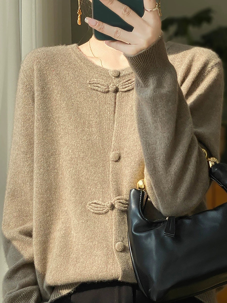 Women Autumn Artsy Knitted Wool O-Neck Cardigan Sweater