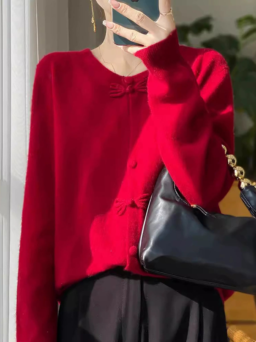 Women Autumn Artsy Knitted Wool O-Neck Cardigan Sweater