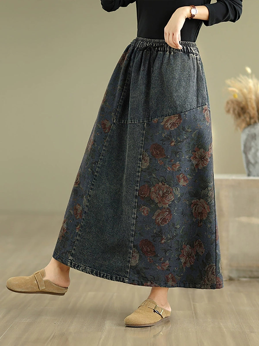 Women Retro Flower Washed Denim Spliced A-Shape Skirt
