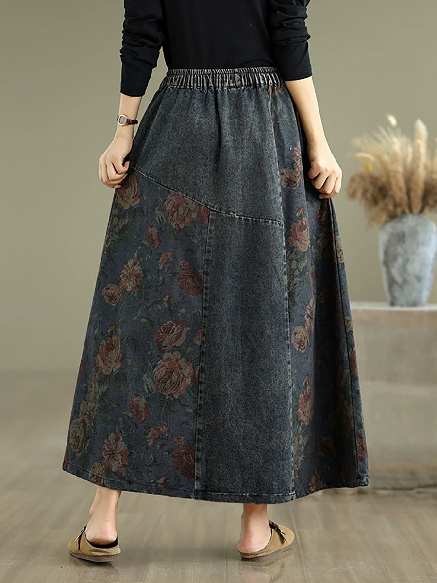 Women Retro Flower Washed Denim Spliced A-Shape Skirt